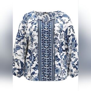 NWT Bloomchic Boho Top Women's Size 12 Long Sleeve Knot Neck Blouse Blue White